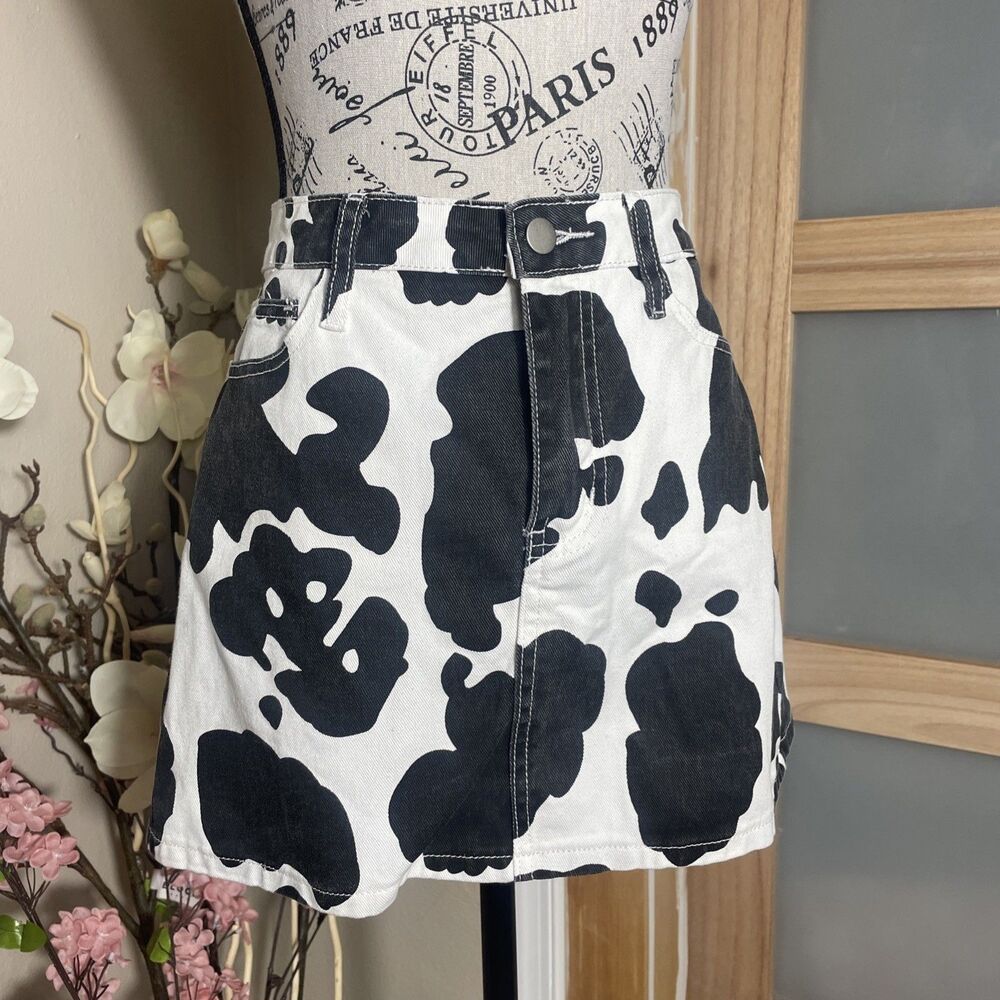 Y2K Cow Print Denim Mini Skirt Womens XS Black White Jean Skirt 100% Cotton